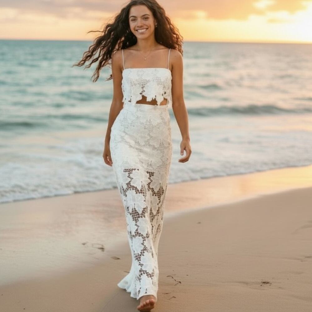 NWT Rumer Tropez White Lace Bridal Beach Wedding Maxi Skirt and Crop Top medium